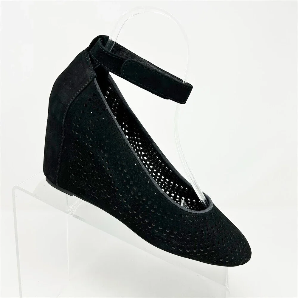 Jeffrey Campbell Cirque Black Perforated Leather Wedge Ankle Strap Size 8
